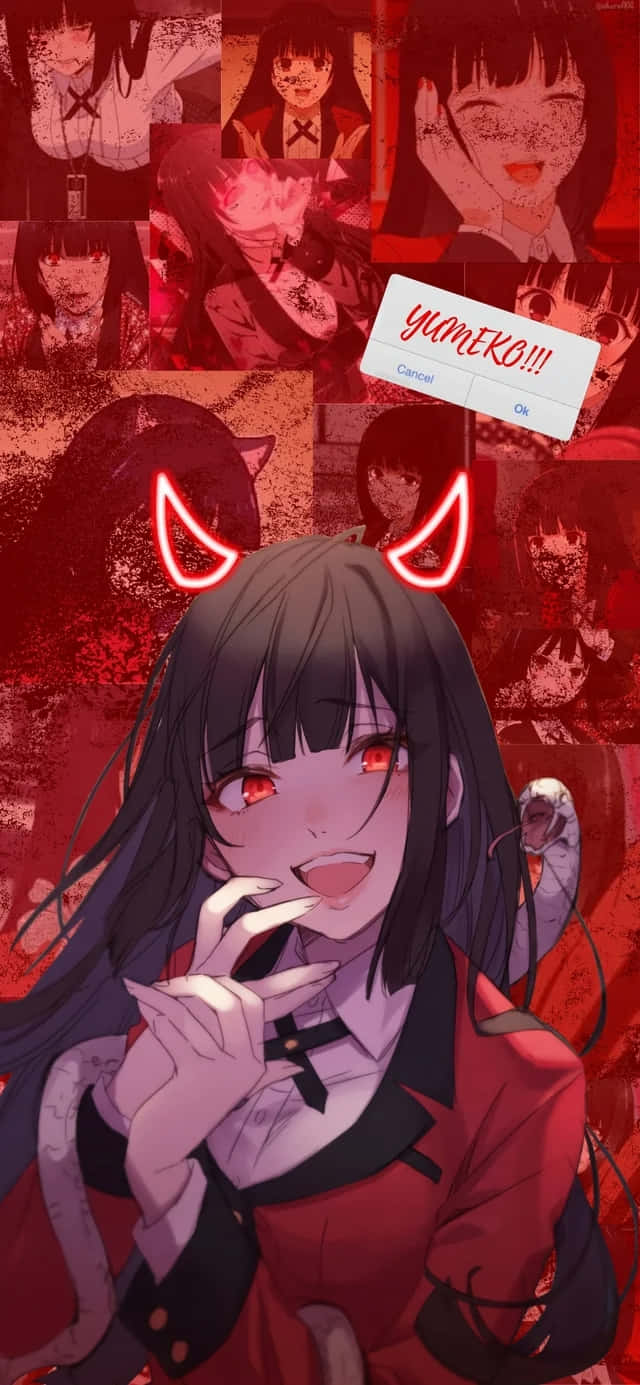 壁紙 — 一個惡魔主題的動漫女孩，擁有發光的紅色眼睛和角，在紅色調角色肖像的拼貼畫前頑皮地微笑。