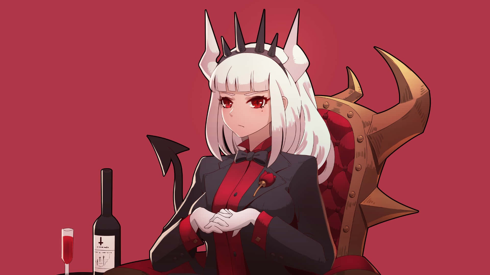  壁紙 — 一個以惡魔為主題的動漫女孩，白髮紅眼，威嚴地坐在一個帶有尖刺的王座上，旁邊放著一瓶酒和一個酒杯。