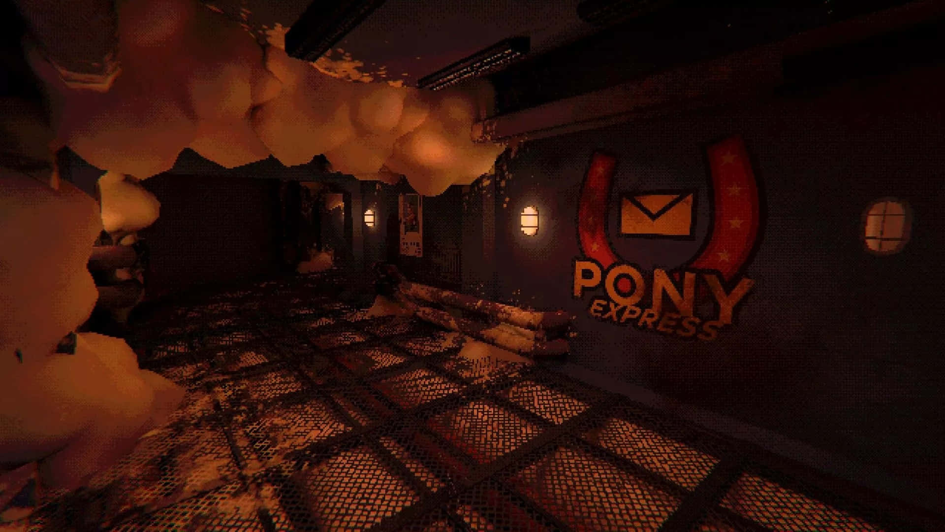  壁紙 — 一條燈光昏暗的工業走廊，牆上有一個發光的「Pony Express」標誌，周圍掛滿有機生長物和金屬格柵。