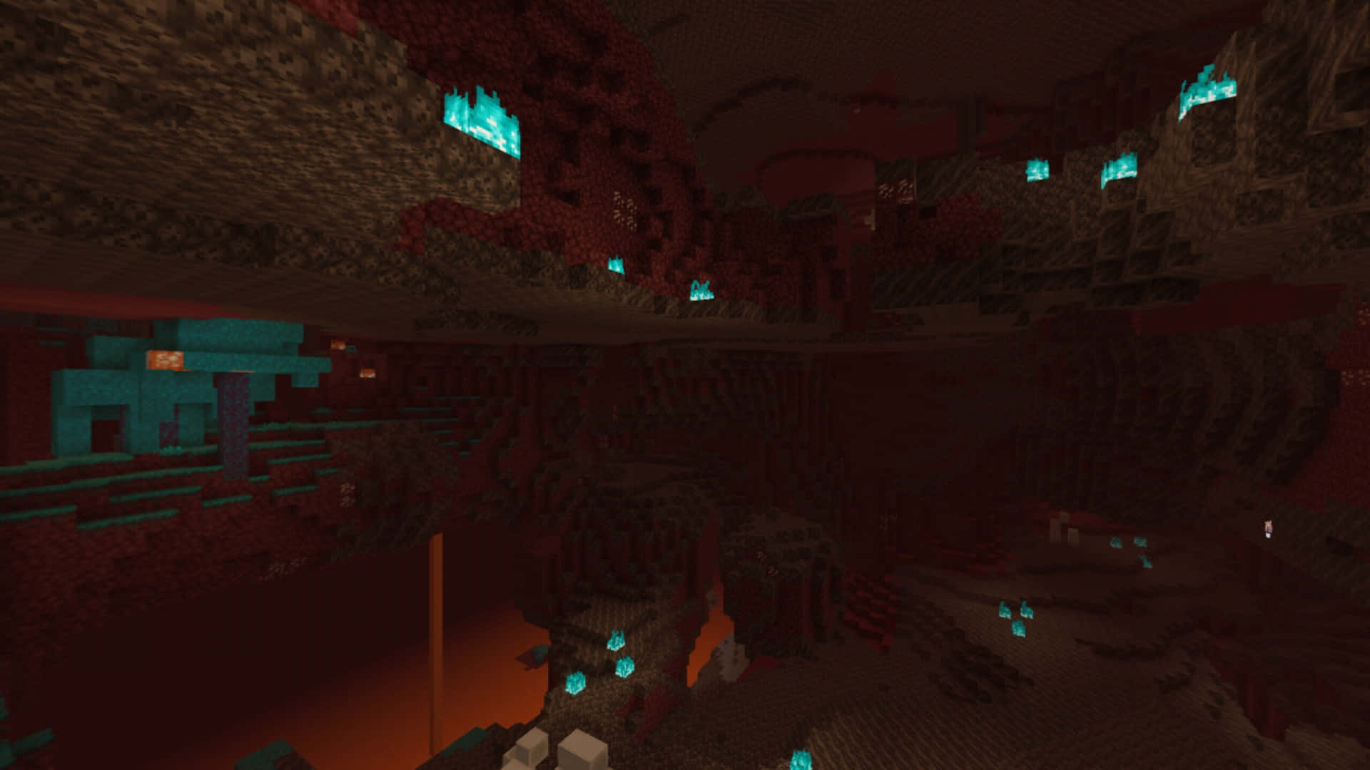  壁紙 — 一個光線昏暗嘅Minecraft地獄洞穴，有發光藍色水晶同紅色地獄岩結構。