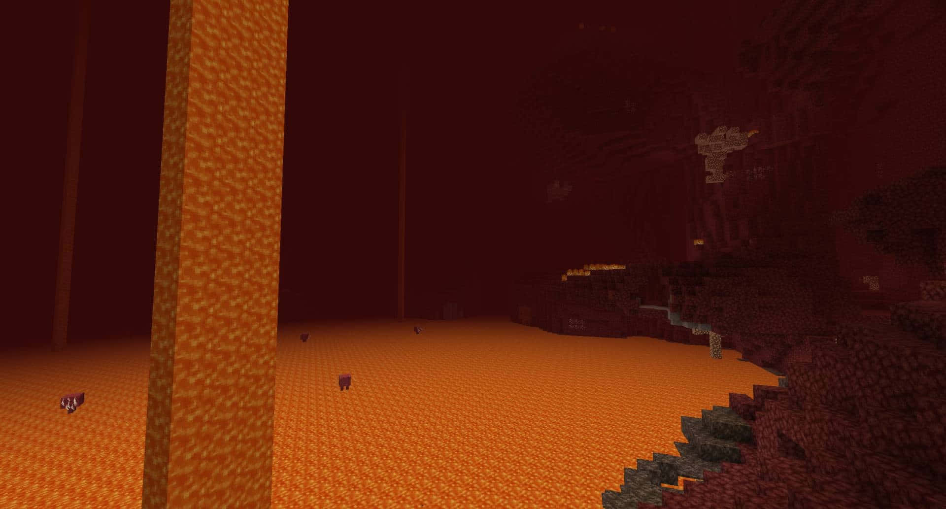  壁紙 — 一個昏暗嘅Minecraft地獄景觀，有發光嘅橙色熔岩流同參差嘅黑曜石懸崖，喺深紅色天空下。