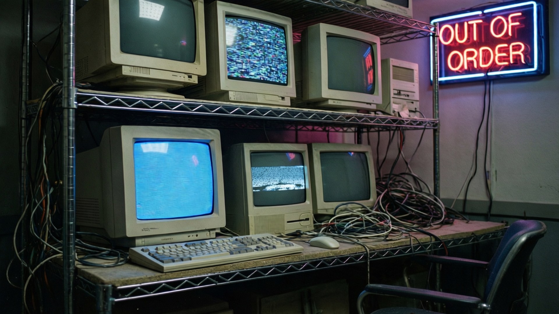 Fnaf Sister Location 桌布 壁紙 — 一個燈光昏暗的房間，充滿了舊CRT顯示器，在發光的霓虹燈「OUT OF ORDER」標誌下顯示靜態和故障。