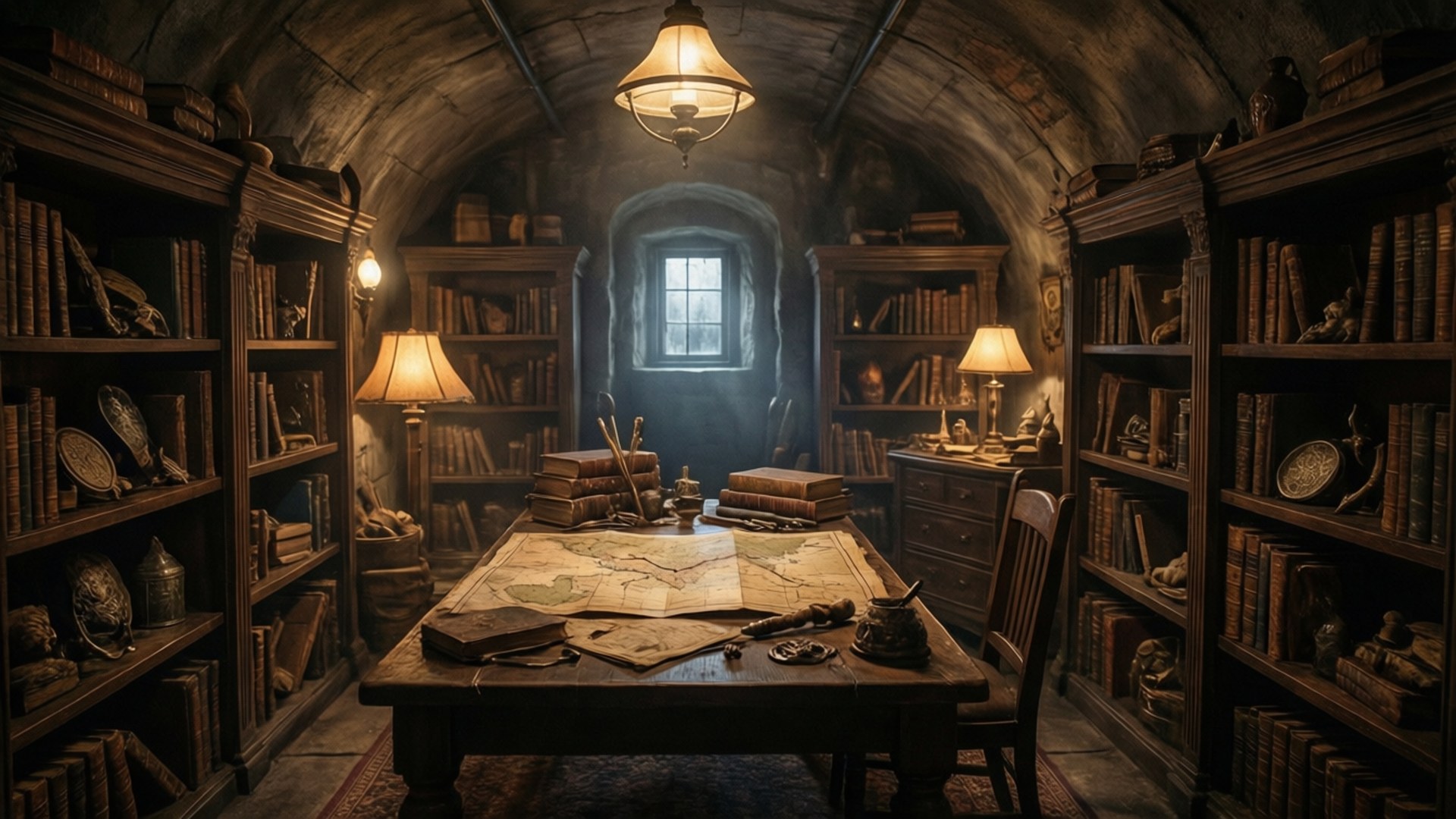 Men of Letters Bunker 壁紙 — 一個光線昏暗的石拱圖書館，配有木製書架、中央桌子覆蓋著地圖和文物，以及溫暖的燈光投射出柔和的陰影。