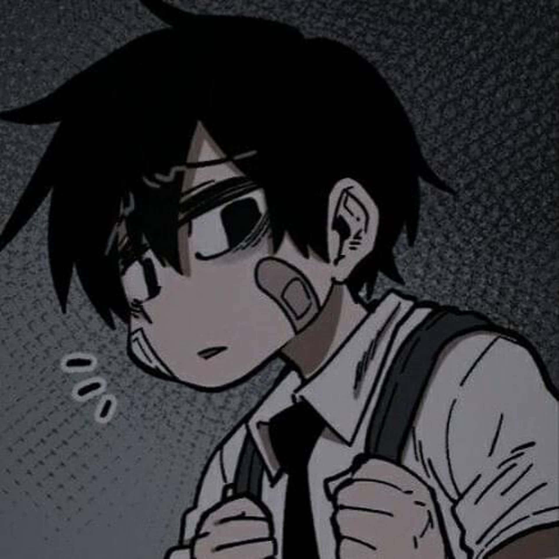 自殺男孩頭像 壁紙 — 一個苦惱的動畫男孩，黑髮，臉頰纏著繃帶，在粗糙的灰色背景前緊握拳頭。