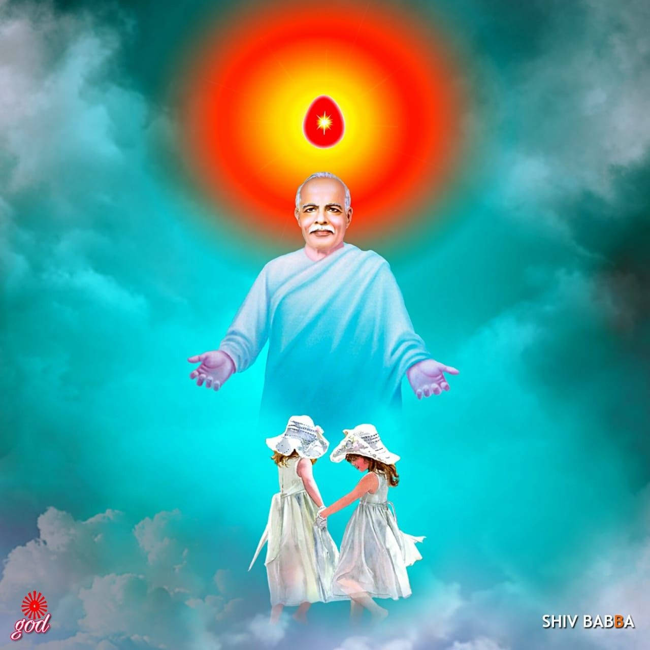 一個神聖的存在張開雙手，在兩個身穿白色連衣裙的孩子上方，背景是發光的天空。