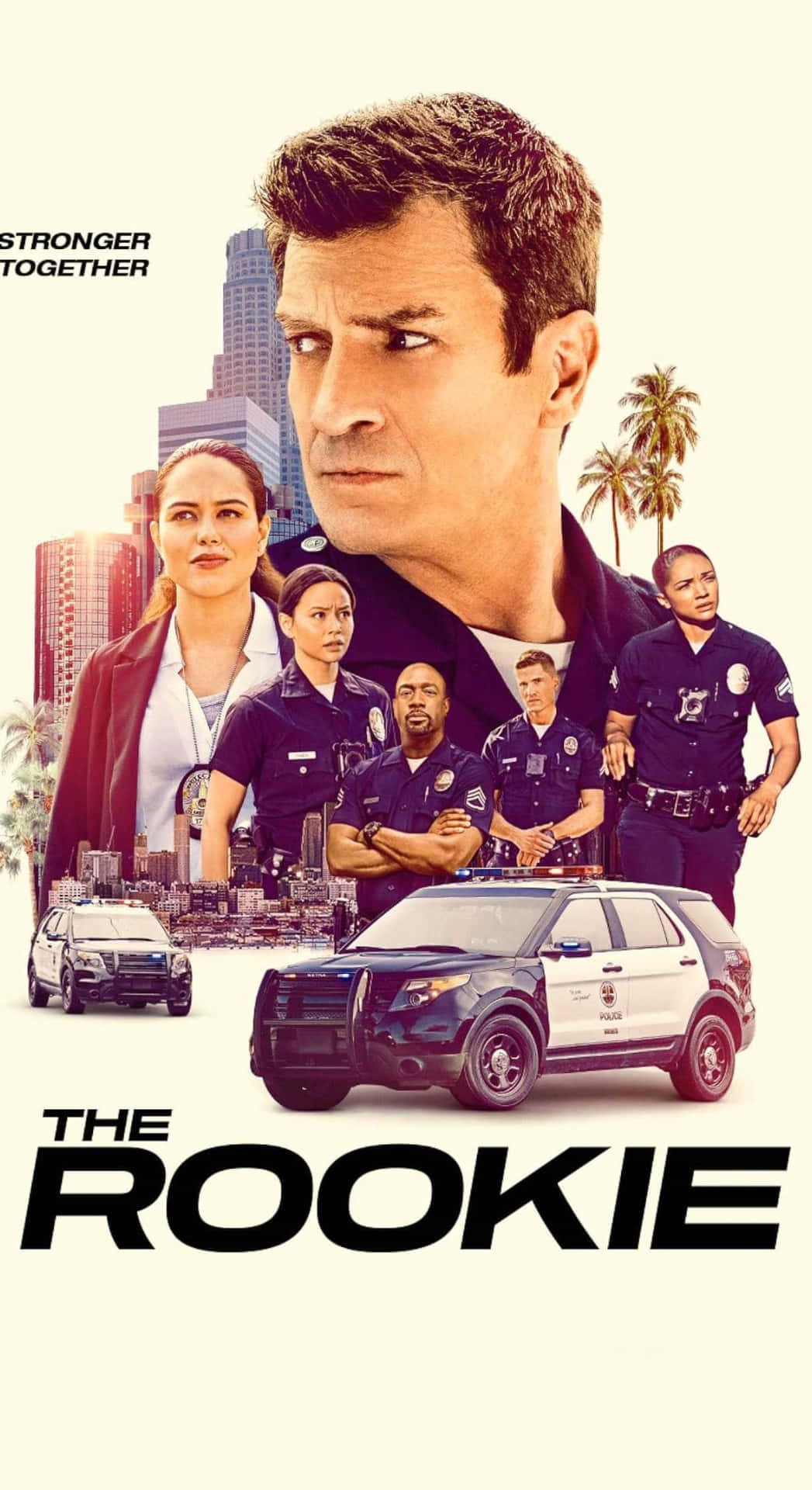  壁紙 — 《新秀》的戲劇性海報，展示一名嚴肅的警察和他多元化的團隊，背景是陽光普照的城市景觀，有棕櫚樹和巡邏車。