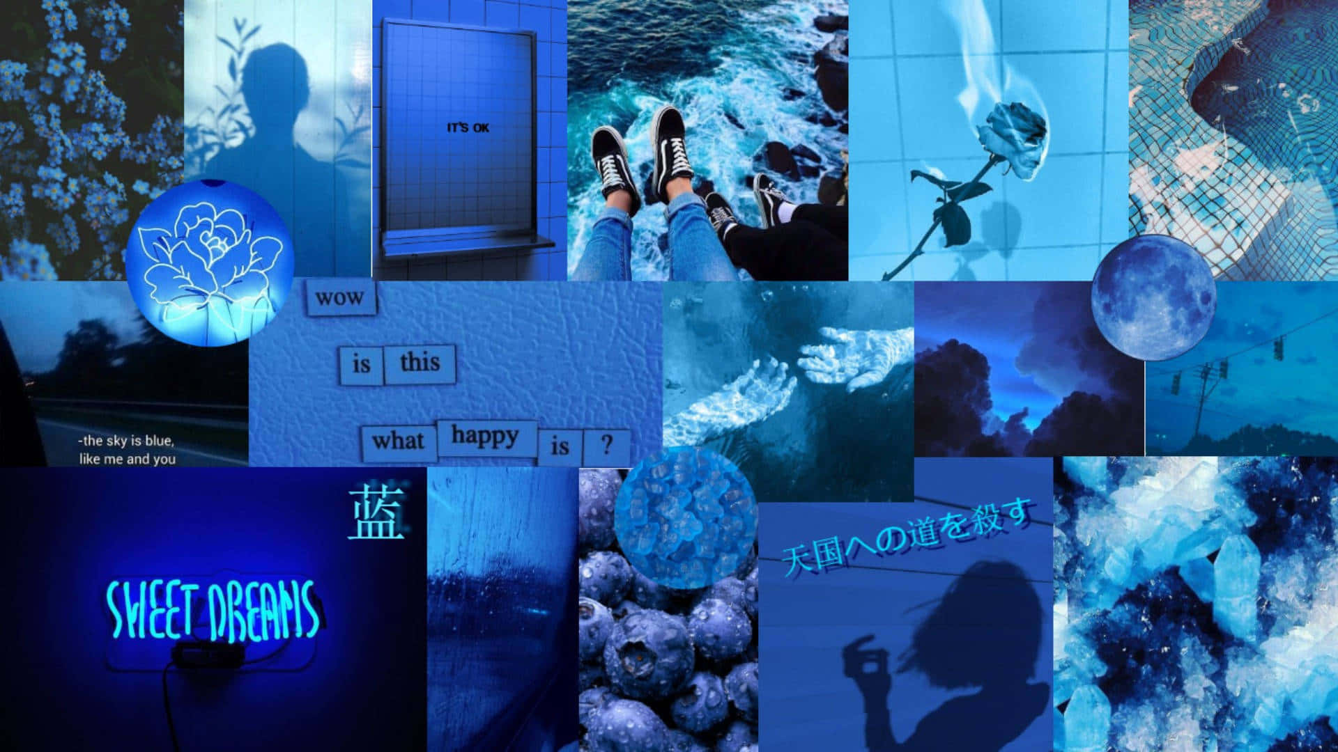  壁紙 — 一個夢幻的藍色調拼貼畫， featuring 月亮水母的剪影、文字和抽象元素，營造出憂鬱的美感。