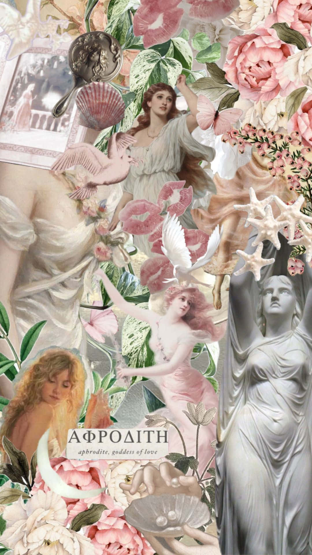  壁紙 — 一個夢幻般的拼貼畫，包含古典女神、粉紅花朵、貝殼和復古元素，歌頌愛神阿佛洛狄忒。