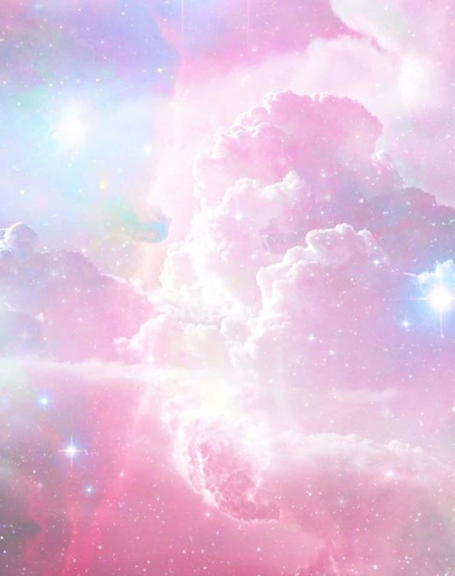 粉彩粉紅和藍色宇宙雲朵，帶有閃爍的星星和發光的光束。