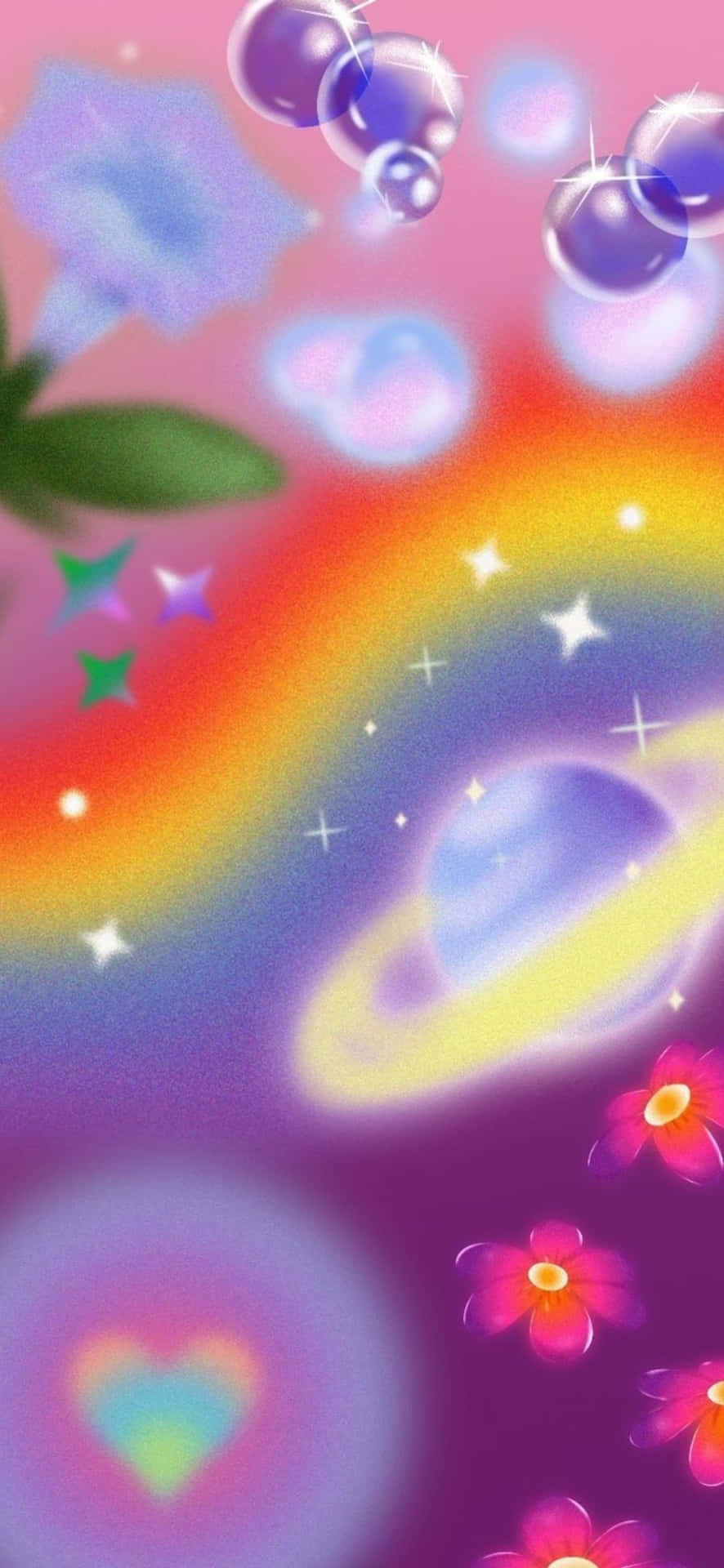  壁紙 — 夢幻數碼牆紙，有彩虹、發光氣泡、星星、花朵和行星，背景是粉彩漸變天空。