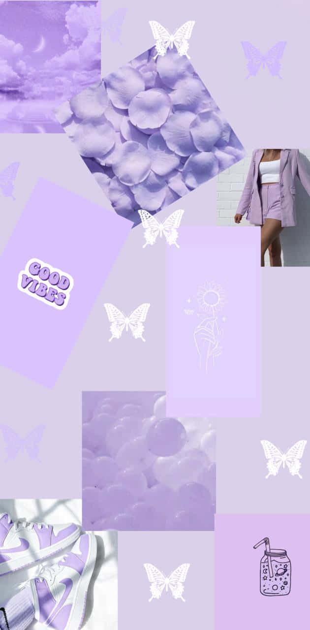 蝴蝶紫色拼貼畫 壁紙 — 夢幻薰衣草拼貼畫， featuring 蝴蝶、花瓣、運動鞋和穿著搭配服裝的人物。