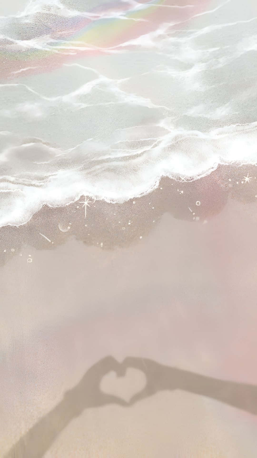  壁紙 — 夢幻嘅粉彩海浪輕輕拍打沙灘，兩隻手喺沙灘上投下心形陰影。