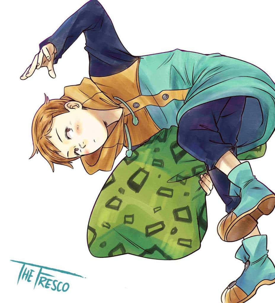 Seven Deadly Sins King 桌布 壁紙 — 一個充滿活力的動漫角色穿著多層衣服，在純白色背景前以俏皮的表情向前傾。