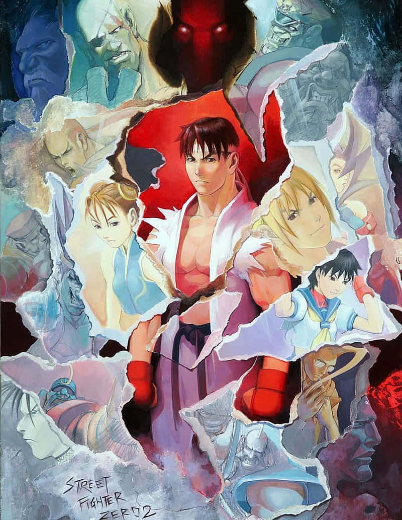  壁紙 — 一張動態動漫拼貼畫，描繪《街頭霸王Zero 2》角色以強烈表情衝破撕裂的紙張。