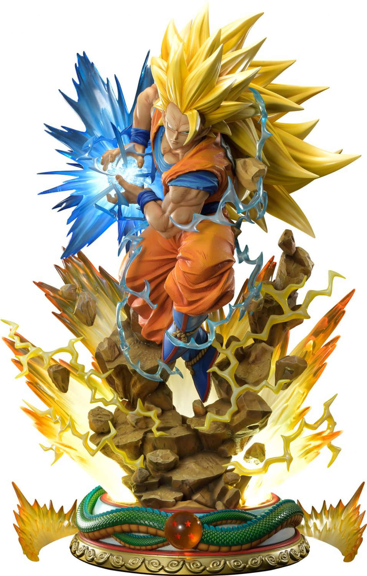 悟空與貝吉塔再度聯手對戰 壁紙 — 一個動態的動漫雕像，描繪超級賽亞人悟空在熾熱岩石碎片和盤繞龍基座中釋放藍色能量爆炸。
