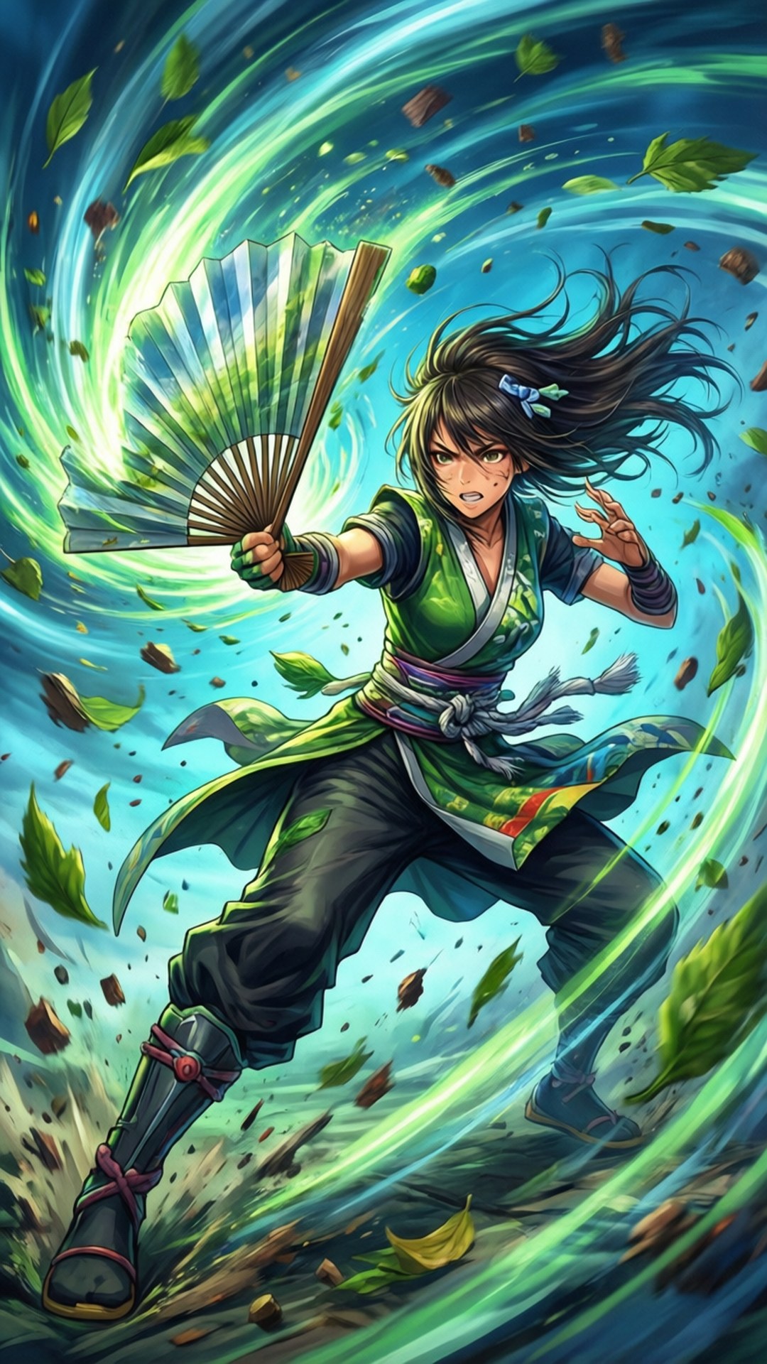 動漫戰士在樹葉風漩渦中揮舞發光扇子
