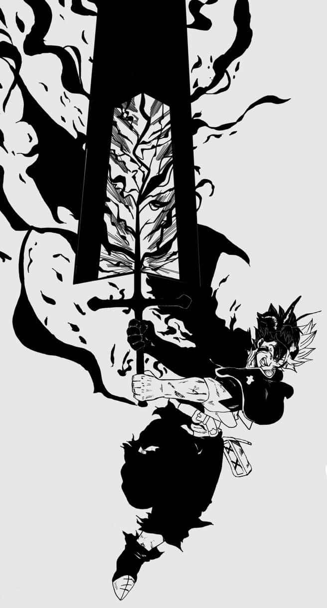  壁紙 — 一個動態的黑白動漫戰士在旋轉的煙霧和破碎的碎片中向上揮舞著一把巨大的劍。