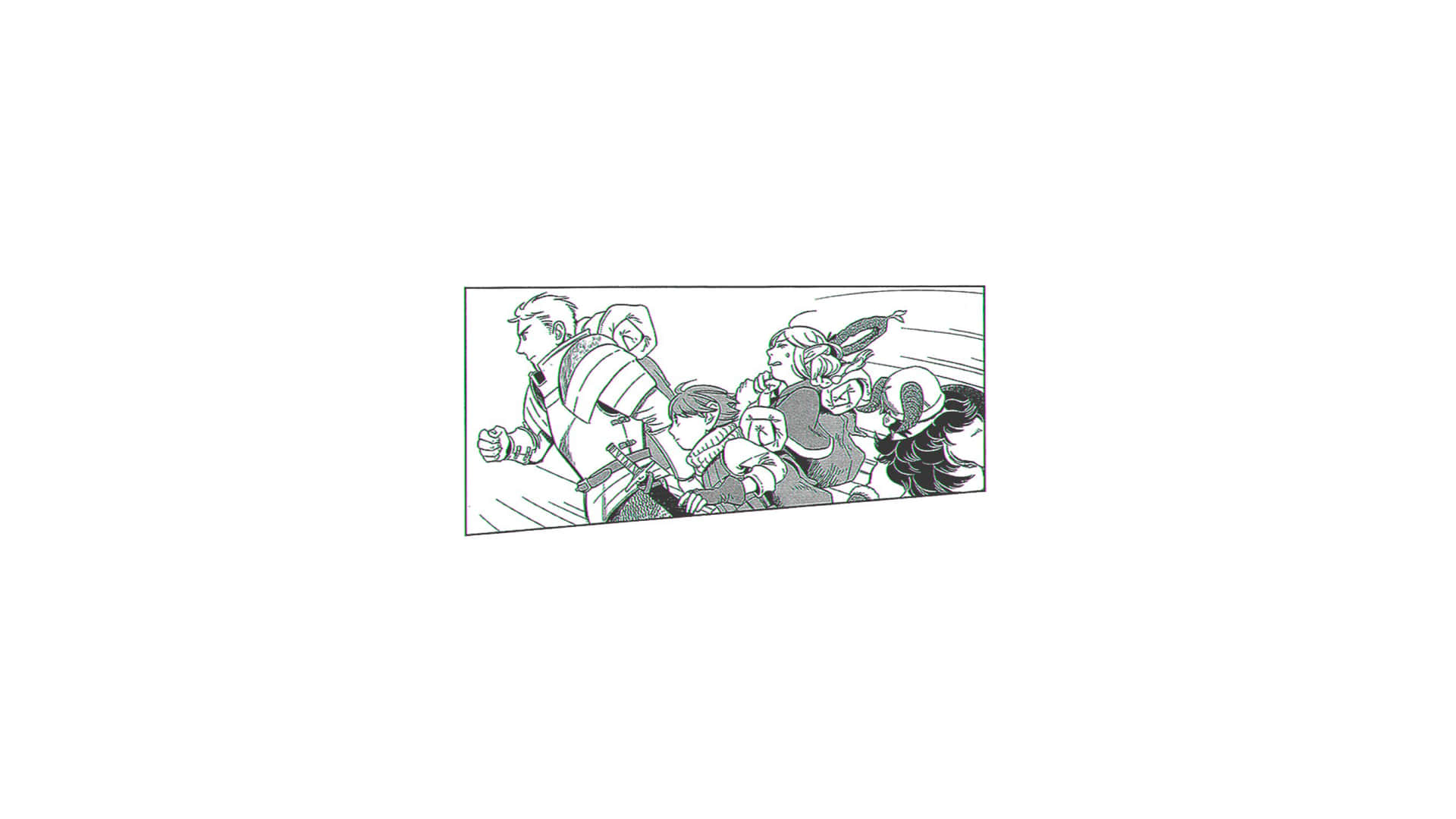  壁紙 — 一幅動態黑白插圖，描繪三位冒險者帶著堅定的表情向前衝刺。