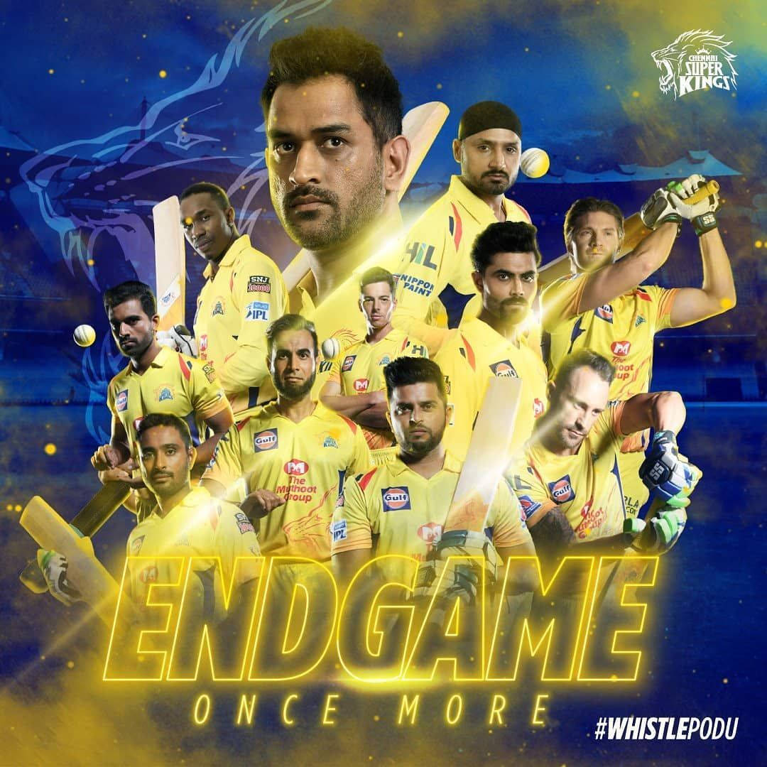 Chennai Super Kings 板球隊宣傳海報，球員身穿黃色球衣，帶有發光文字。