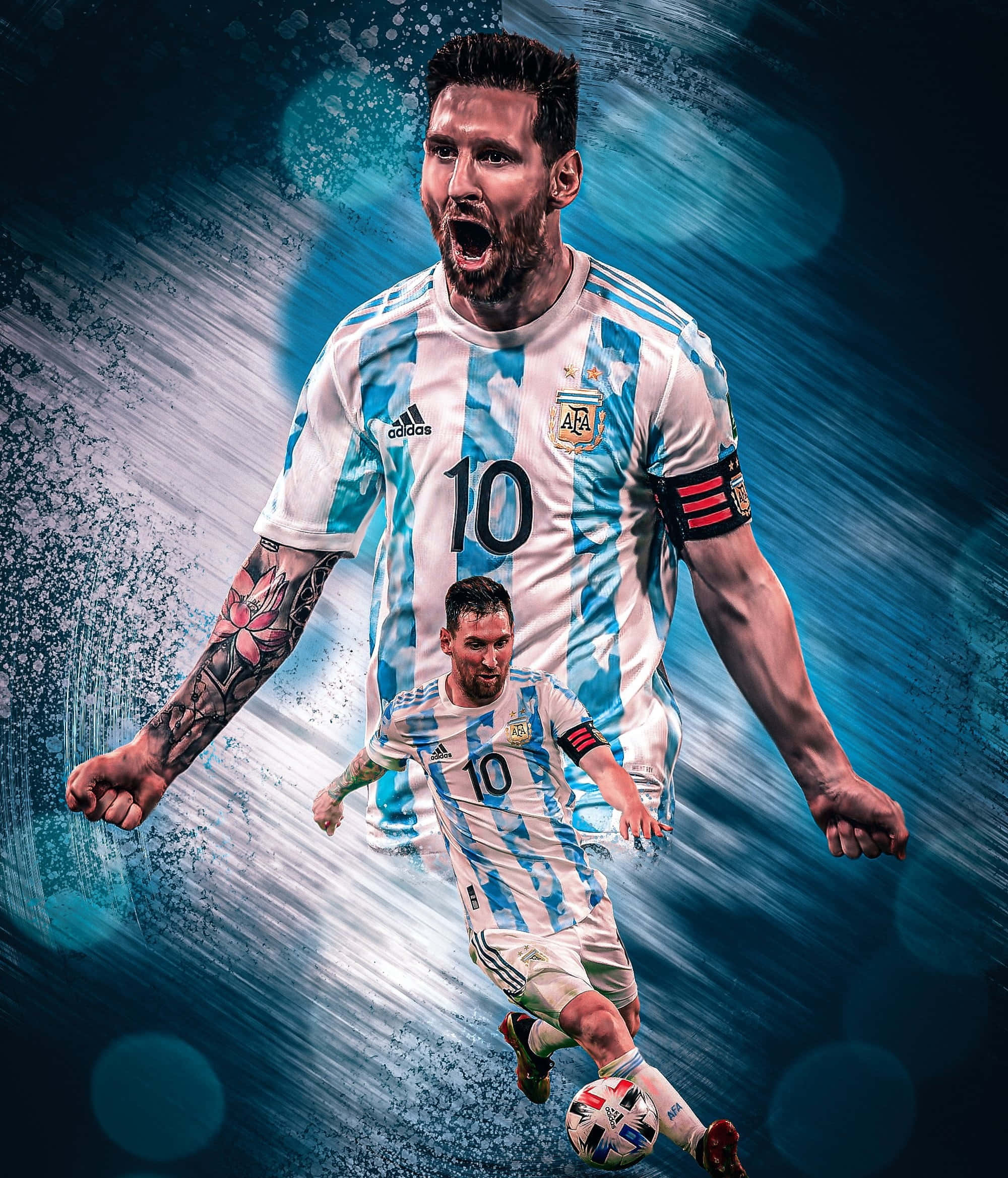 Messi 2022 桌布 壁紙 — 一幅動態數碼藝術描繪，展示身穿阿根廷藍白間條球衣的利昂內爾·美斯，在動態模糊的藍色背景前與足球一同慶祝。
