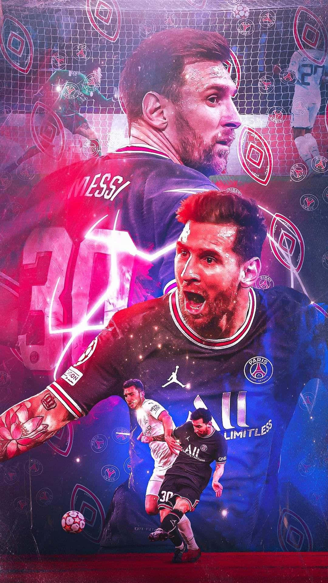 Messi 2022 桌布 壁紙 — 一幅動態數位藝術作品，描繪利昂內爾·美斯在比賽中，周圍環繞著發光的粉紅色和藍色能量效果以及重複的球隊標誌。
