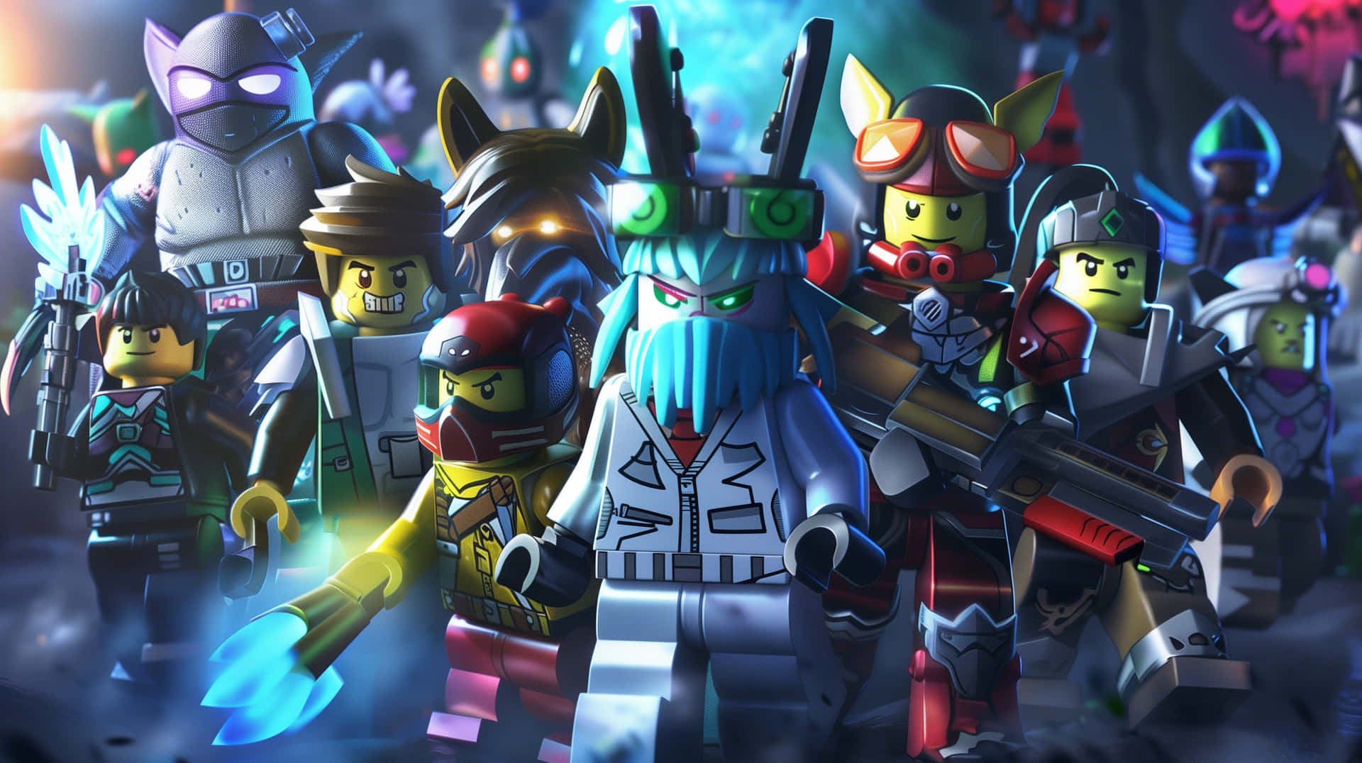  壁紙 — 一群充滿動感的LEGO Ninjago角色身穿戰鬥裝備，在戲劇性的霓虹燈光下手持發光武器準備就緒。