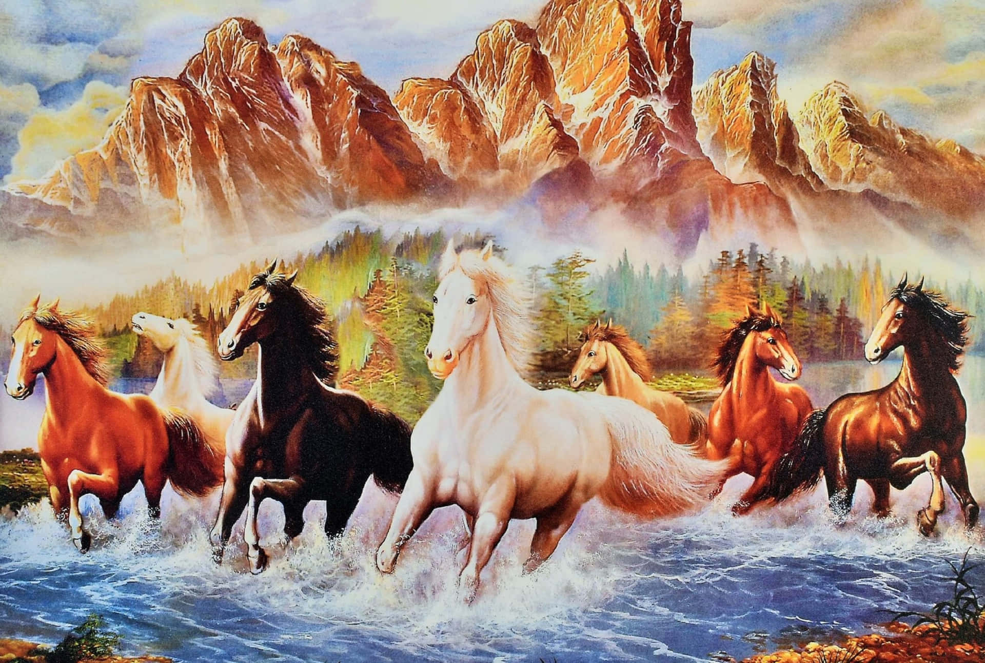  壁紙 — 一幅充滿動感的畫作，描繪七匹野馬奔騰穿過湍急的河流，背景是雄偉的山脈和森林。