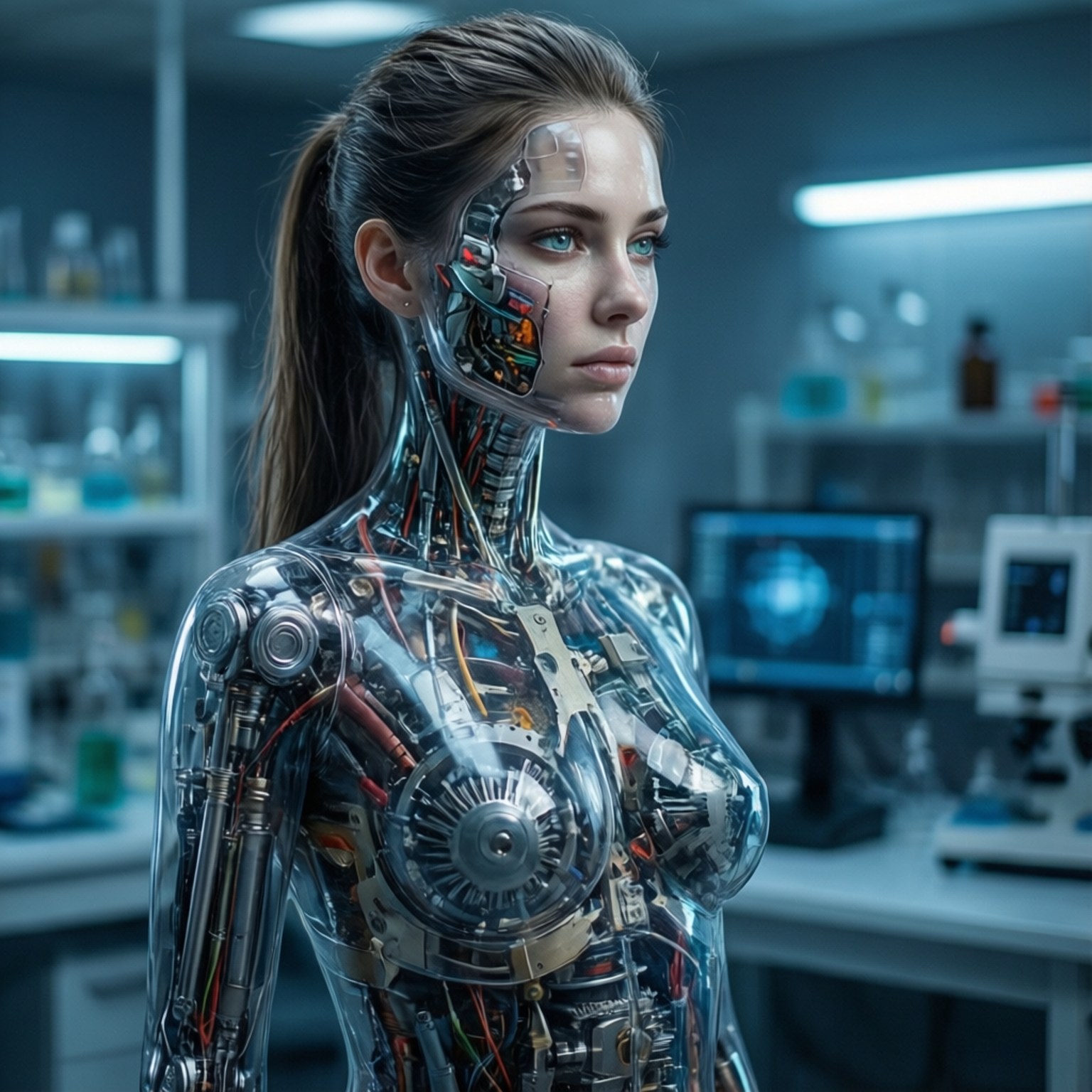 一個內部機械結構外露的女性機械人站在實驗室中。