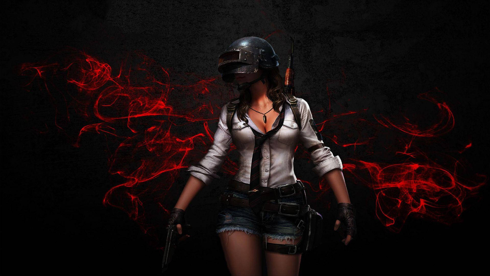 Playerunknown's Battlegrounds 桌布 壁紙 — 一位戴頭盔、身穿戰鬥裝備的女玩家站在黑暗背景前，背景有旋轉的紅色能量效果。