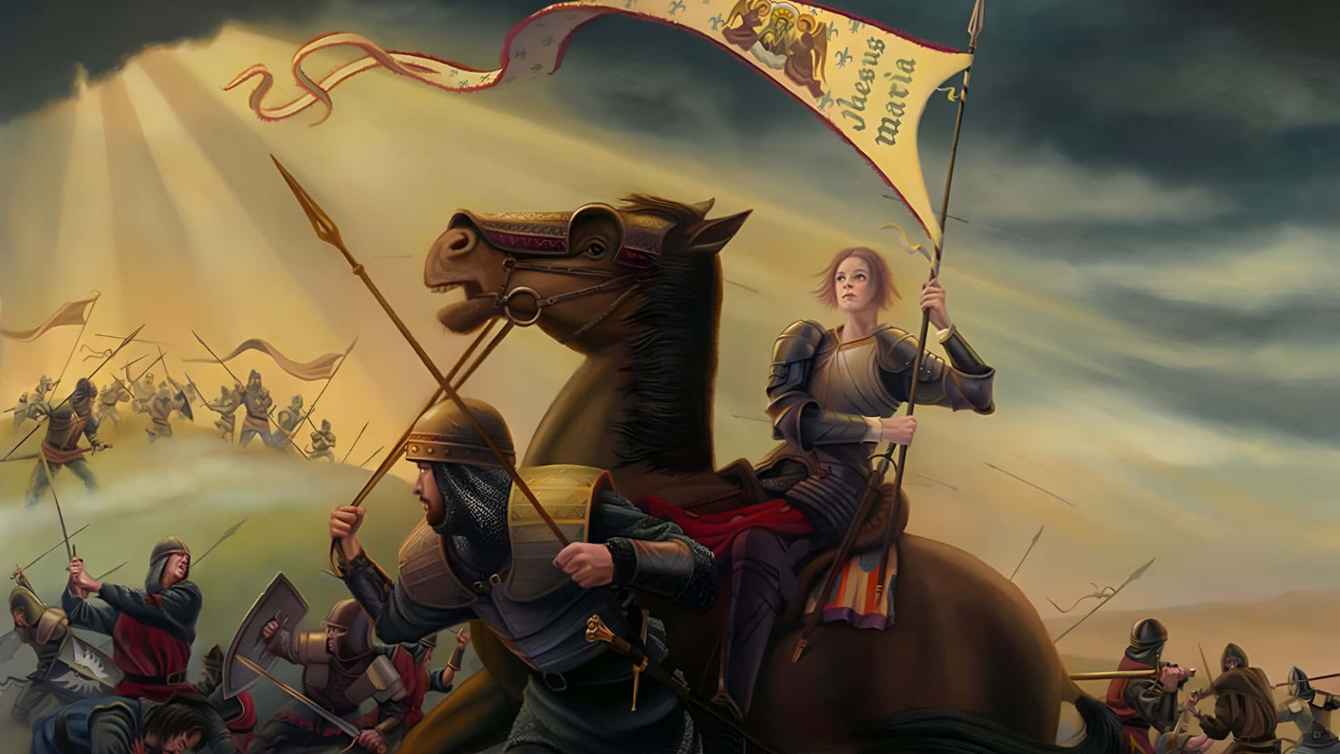  壁紙 — 一位女騎士騎馬帶領中世紀軍隊，天空戲劇性，光線穿過烏雲。
