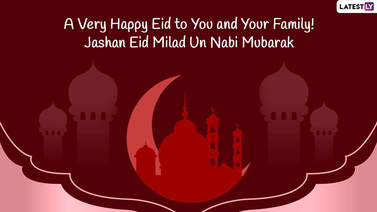Prophet Muhammad's Birthday 桌布 壁紙 — 一幅節日紅色插圖，新月內有清真寺剪影，周圍環繞著裝飾性雲紋圖案，並附有開齋節祝福文字。