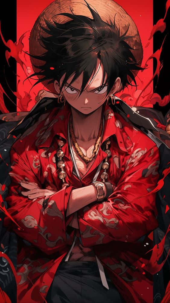 壁紙 — 一個兇猛的動漫男孩，有著刺蝟般的黑髮和紅色服裝，雙臂交叉站在火紅的背景前。