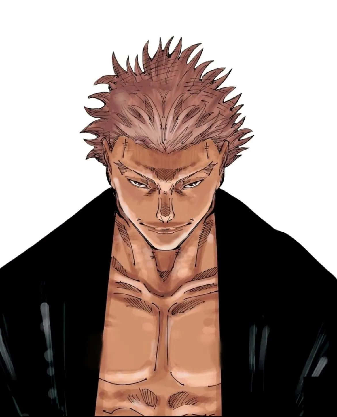  壁紙 — 一個兇猛的動漫男人，擁有尖刺的棕色頭髮和紋身，從白色背景中強烈凝視。