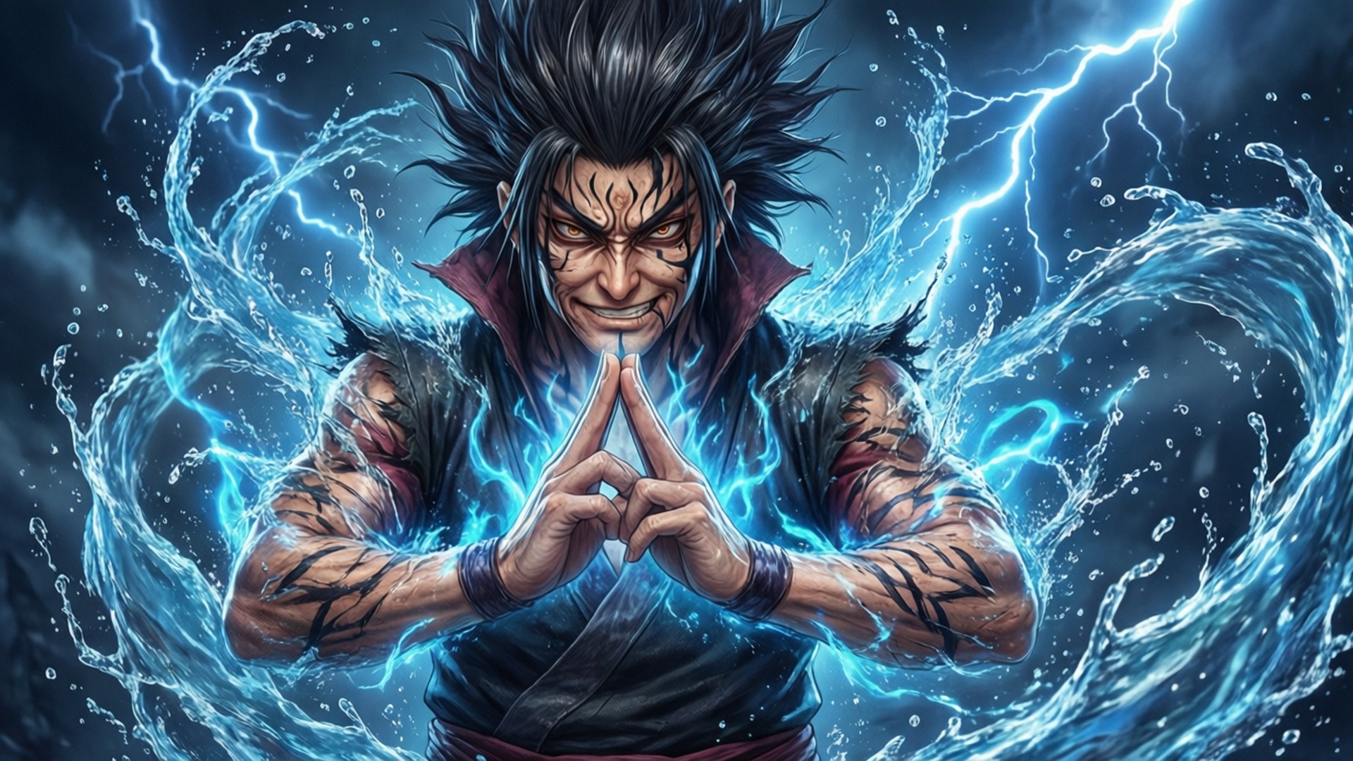 動漫戰士以強烈的表情引導藍色閃電和水。
