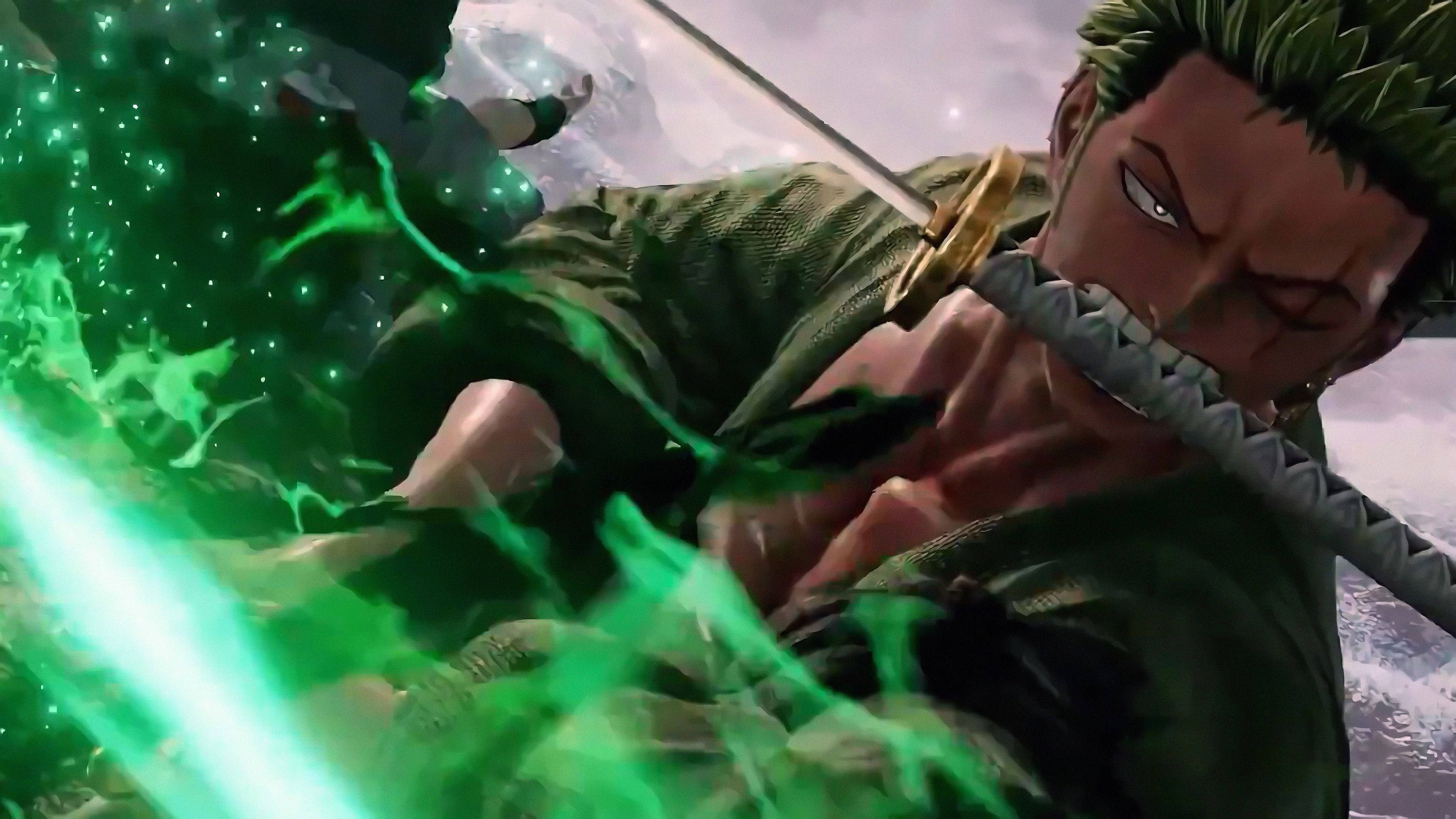 One Piece 紅髮傑克 4K 繪畫 壁紙 — 一位擁有綠色頭髮的兇猛動漫戰士，在動態戰鬥場景中用劍劈開發光的綠色能量。