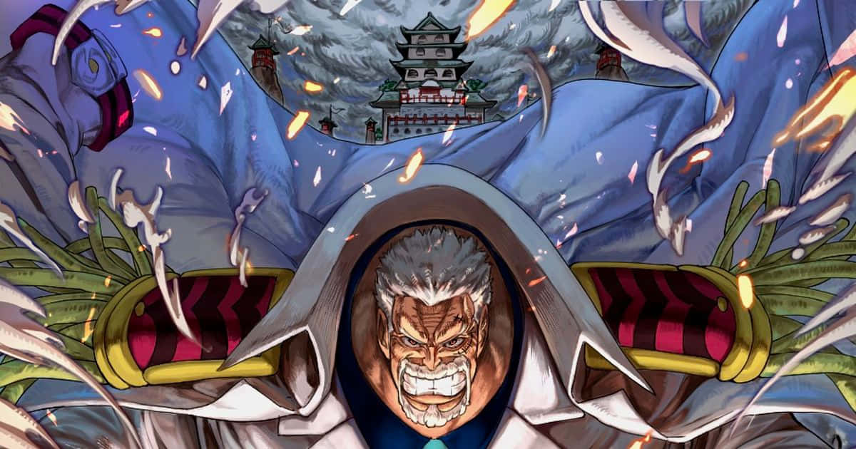 壁紙 — 一位白髮、表情猙獰的兇猛動漫戰士，在暴風雨的天空下，背景有一座寶塔，揮舞著巨劍。