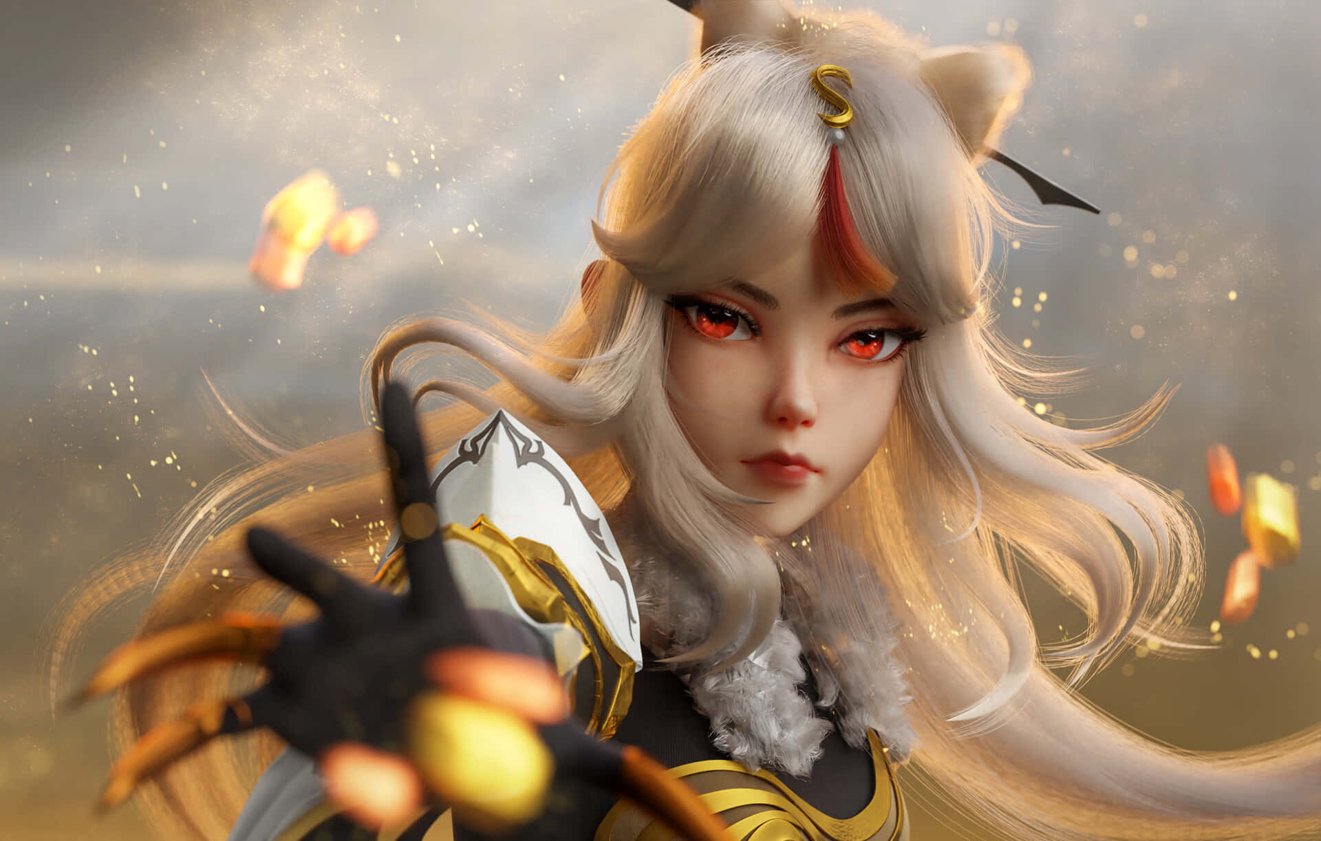 Genshin Impact Ningguang 桌布 壁紙 — 一位兇猛的動漫戰士，白髮紅眼，在煙霧繚繞的金色背景下揮舞著發光的武器。