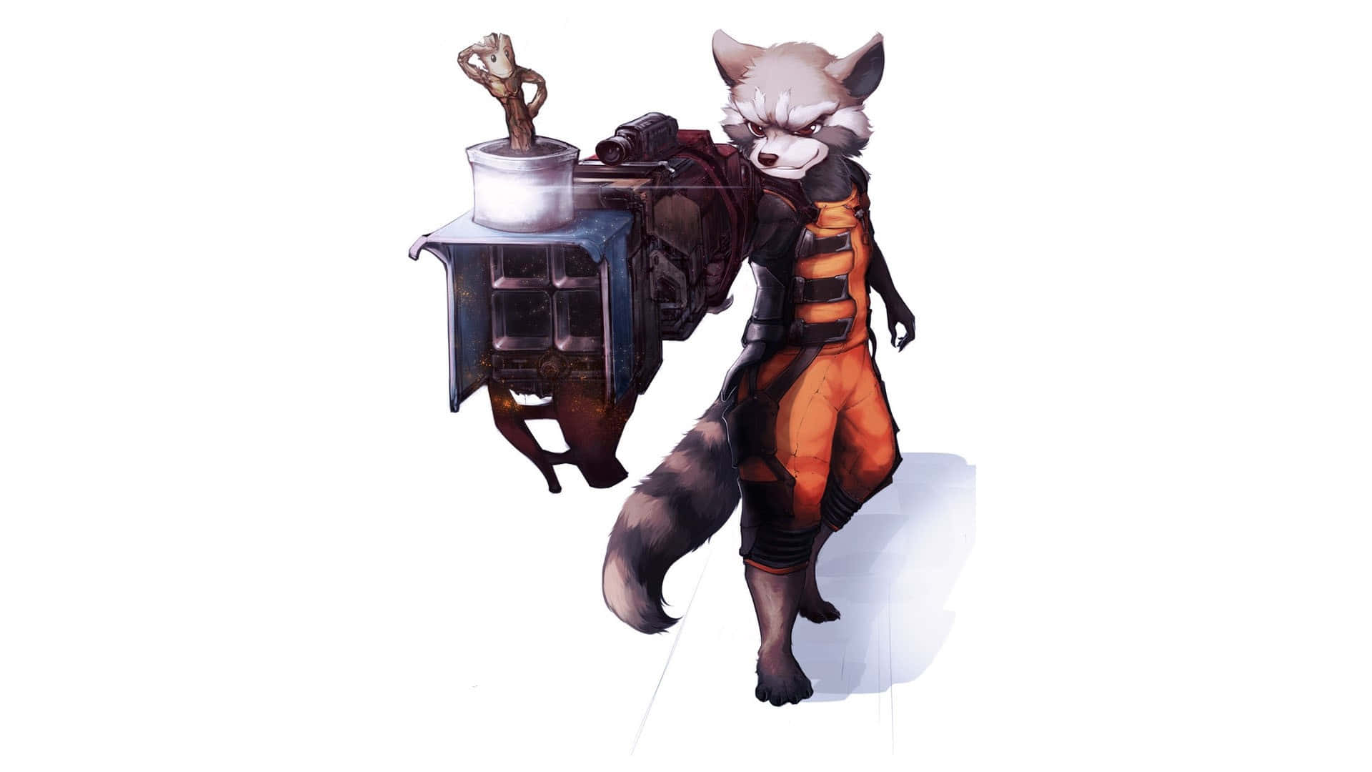  壁紙 — 一隻兇猛的擬人化狐狸，身穿橙色和黑色裝備，自信地站在一個帶有盆栽樹枝的大型機械裝置旁邊。