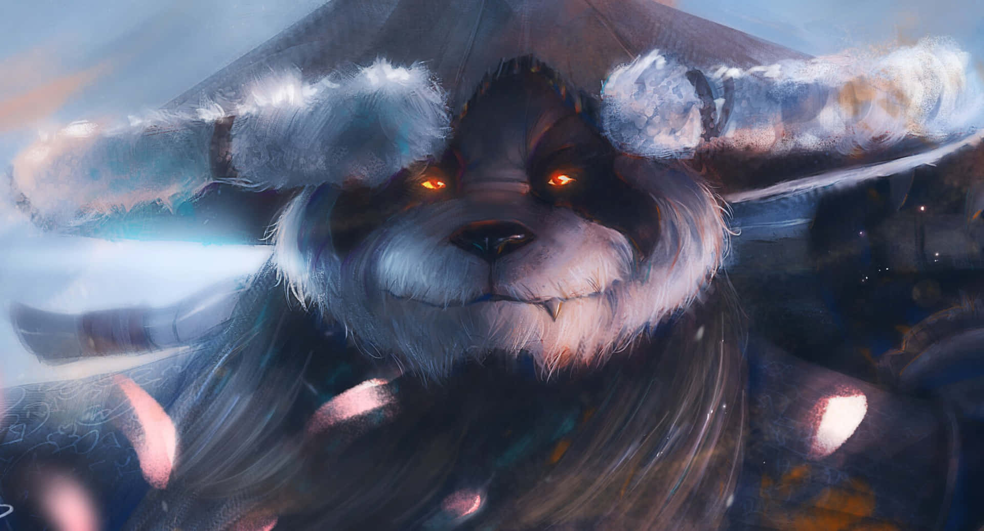  壁紙 — 一隻兇猛的擬人化狼，擁有發光的橙色眼睛和覆蓋霜凍的角，在雪景背景下強烈凝視。