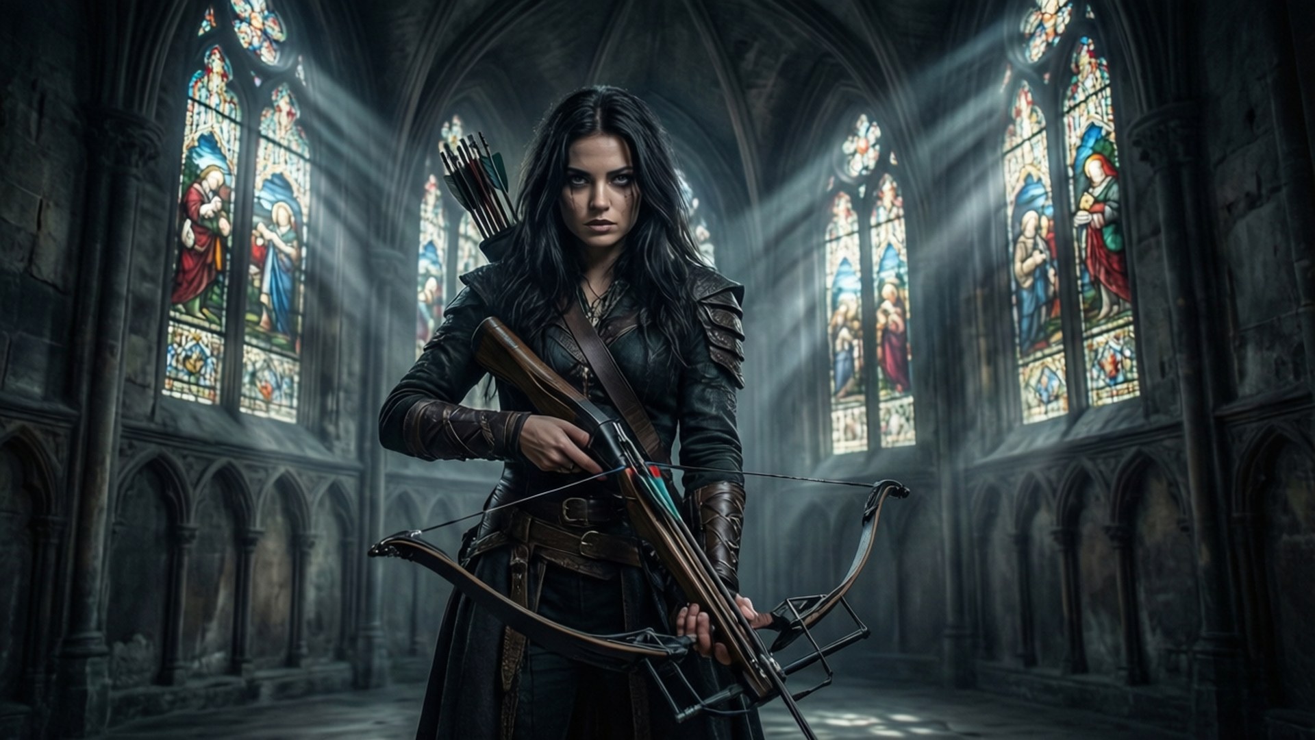 Cathedral Huntress 壁紙 — 一位兇猛的弓箭手站在哥德式大教堂中，陽光透過她背後的彩繪玻璃窗照射進來。