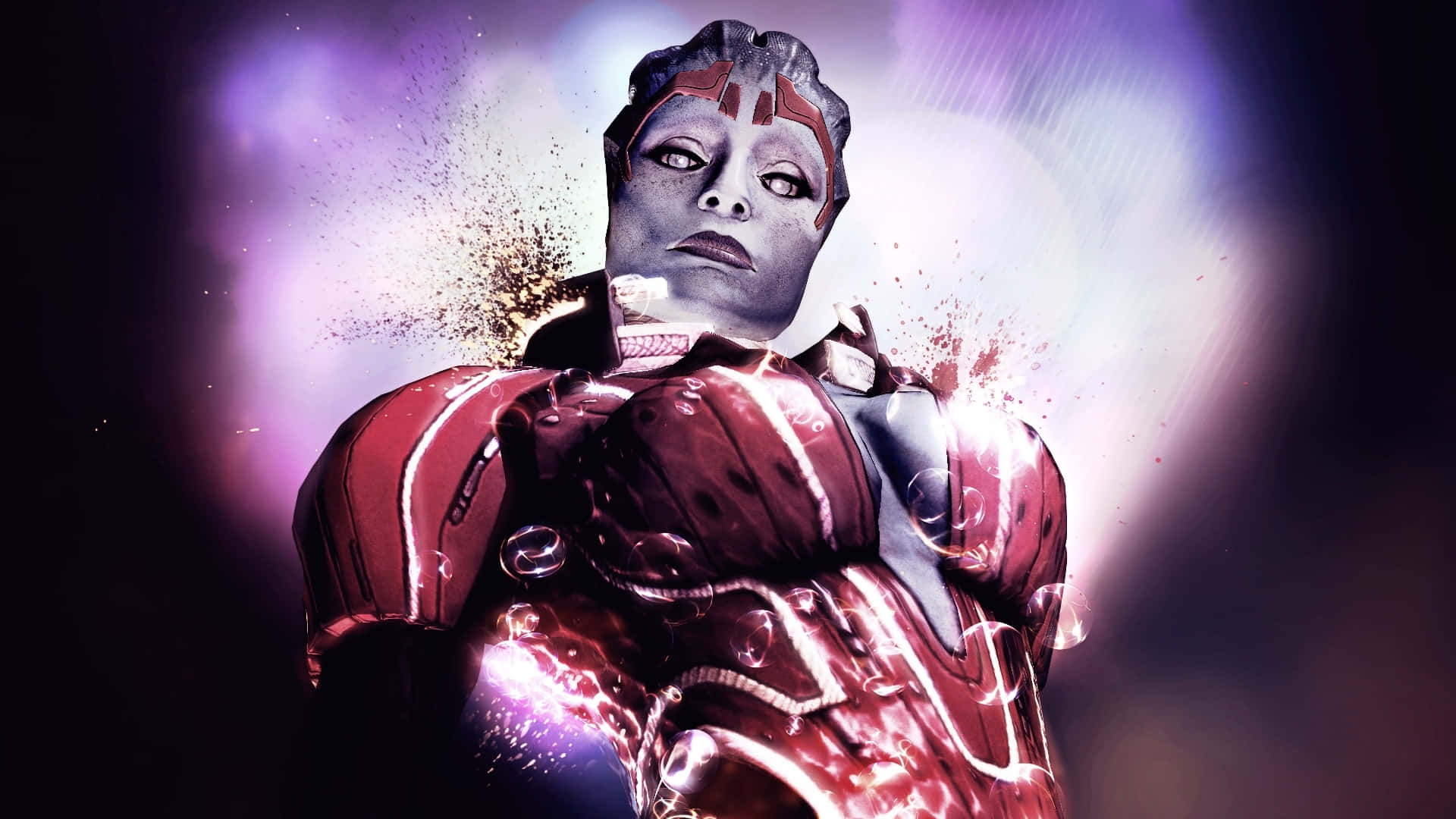 Mass Effect Samara 桌布 壁紙 — 一個兇猛的裝甲戰士，身穿發光的紅色盔甲，背後有宇宙能量爆發，背景是深紫色。