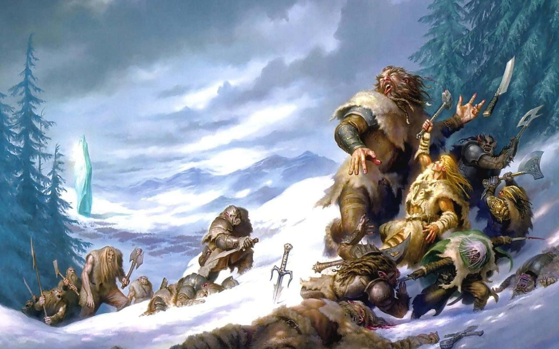 Dungeon 桌布 壁紙 — 一場激烈的戰鬥在白雪覆蓋的山口肆虐，裝甲戰士在倒下的敵人和高聳的常青樹之間，在暴風雨的天空下激烈交鋒。