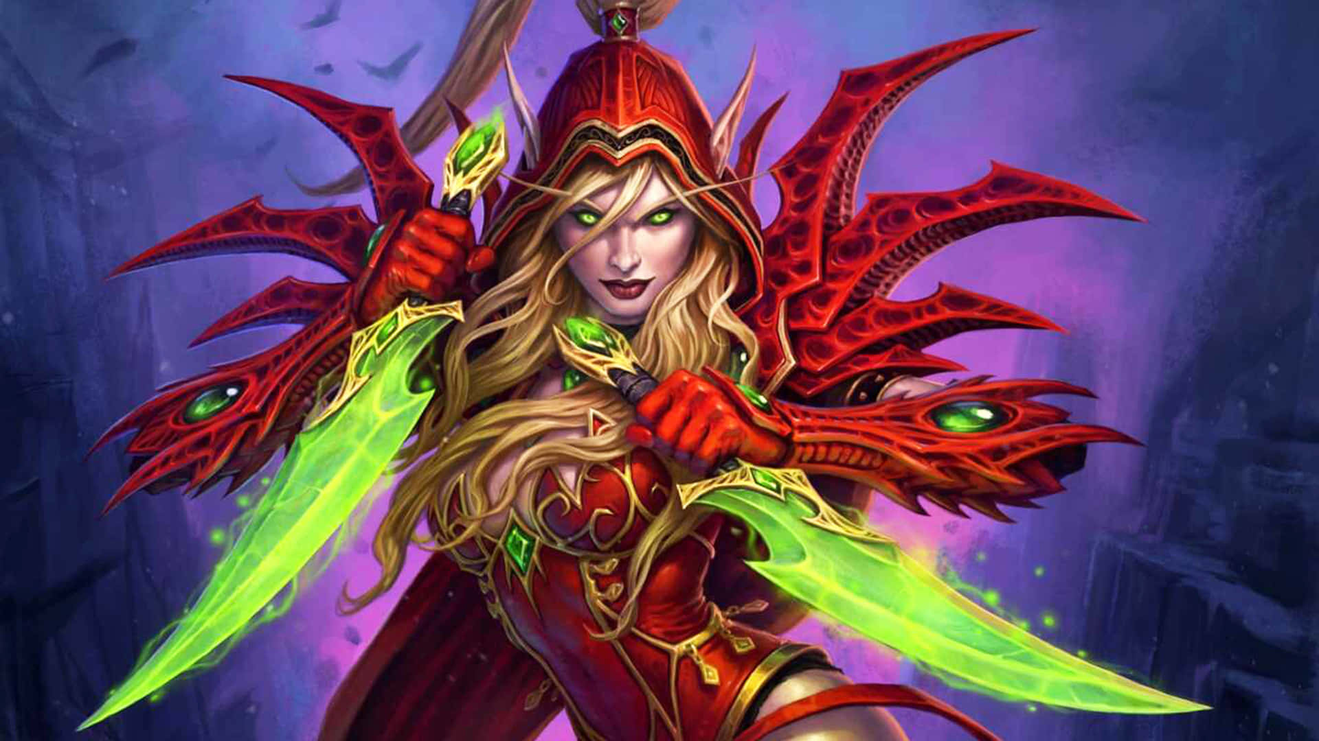  壁紙 — 一位身穿紅色盔甲的兇猛女性惡魔獵人，在深紫色背景下揮舞著發光的綠色刀刃。