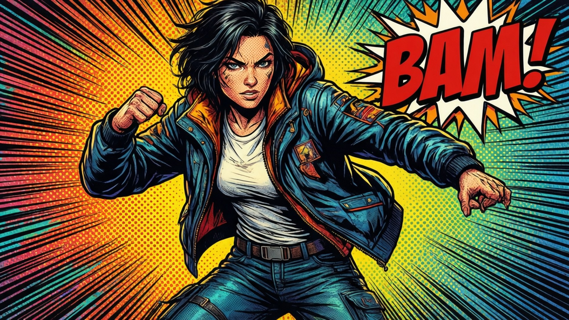 Comic Champ 壁紙 — 一位身穿藍色夾克的兇猛女超級英雄，在充滿活力的漫畫背景前向前出拳，並帶有醒目的BAM！對話氣泡。