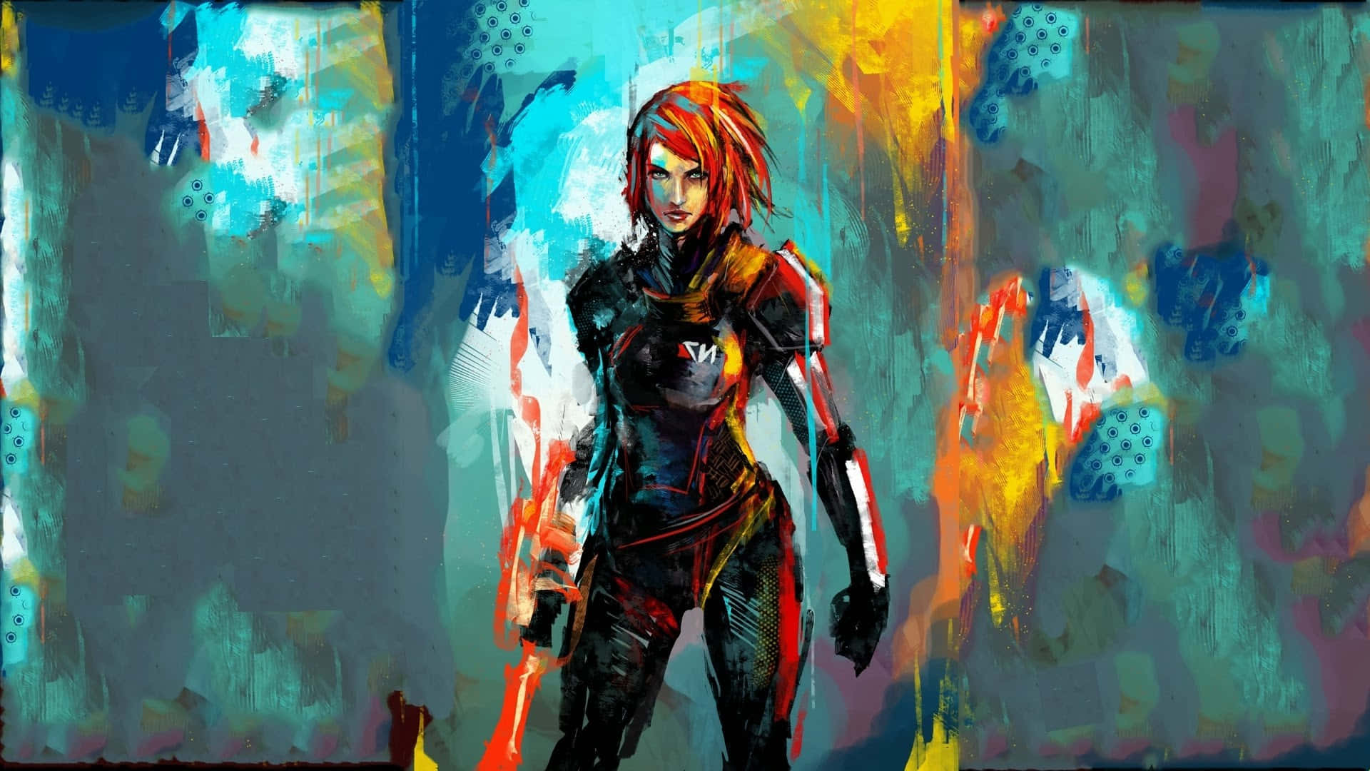 Mass Effect Femshep 桌布 壁紙 — 一位兇猛的女戰士，擁有火紅的頭髮，站在充滿活力的抽象數位藝術背景中。