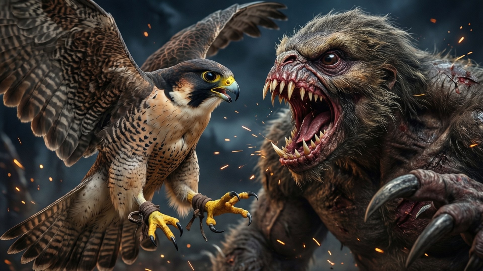 Falco Grice 桌布 壁紙 — 一隻兇猛的遊隼與一頭怪獸在火花四濺的戲劇性戰鬥中對峙。