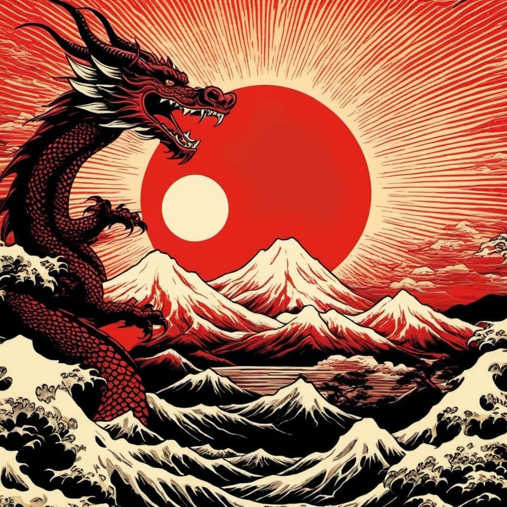  壁紙 — 一隻兇猛的紅龍從洶湧的波濤中出現，下方是光芒四射的紅日和積雪覆蓋的山脈。