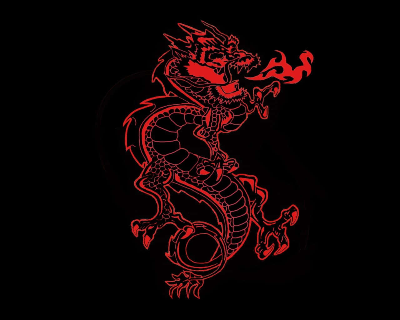  壁紙 — 一隻兇猛的紅龍，眼睛發光，火焰噴射，在純黑背景上噴火。