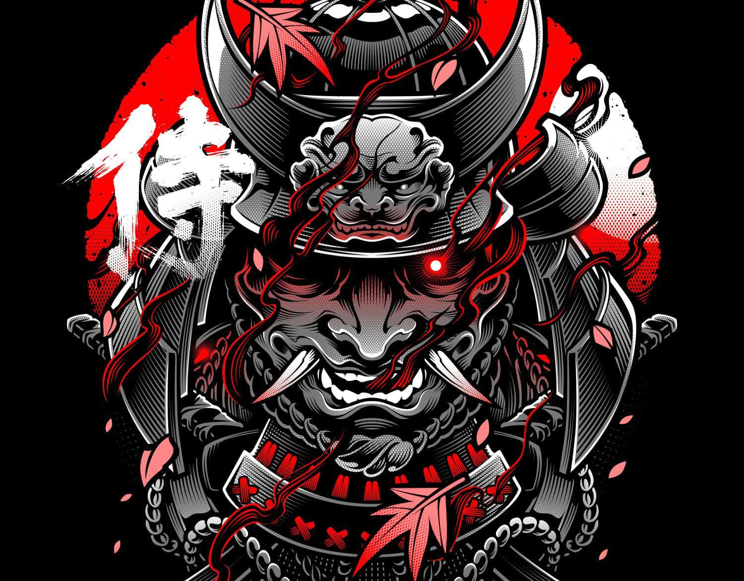 身穿精細盔甲、眼睛發光、帶有櫻花的武士戰士。