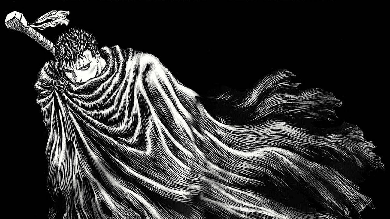Berserk Guts 经典漫画分镜 壁紙 — 一位身穿飄逸斗篷的兇猛戰士，在高對比度的墨水藝術中，對著 stark 黑色背景揮舞著劍。
